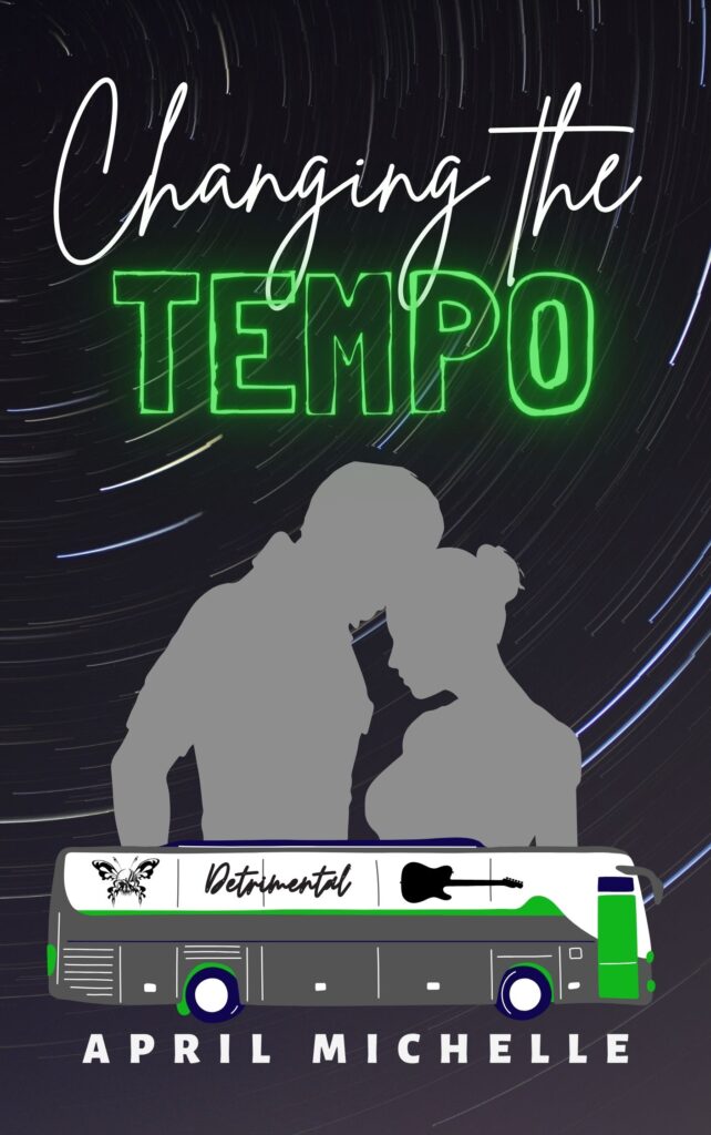 Silhouette of couple with foreheads touching above a graphic of a tour bus with Detrimental's band name and logo on it.